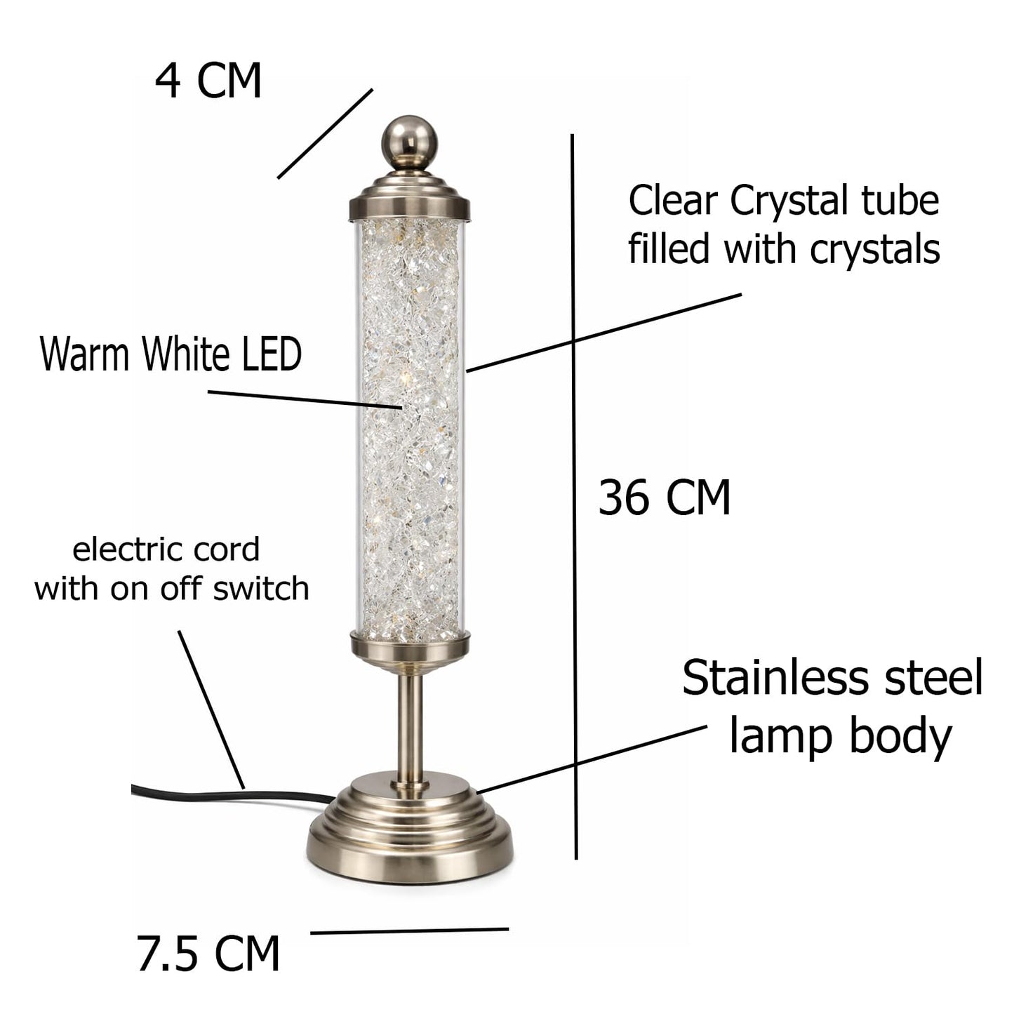 Clear Crystal Tube Shaped Table Lamp Filled with Diamond Crystals | Warm White LED Decorative Bedside & Living Room Lamp