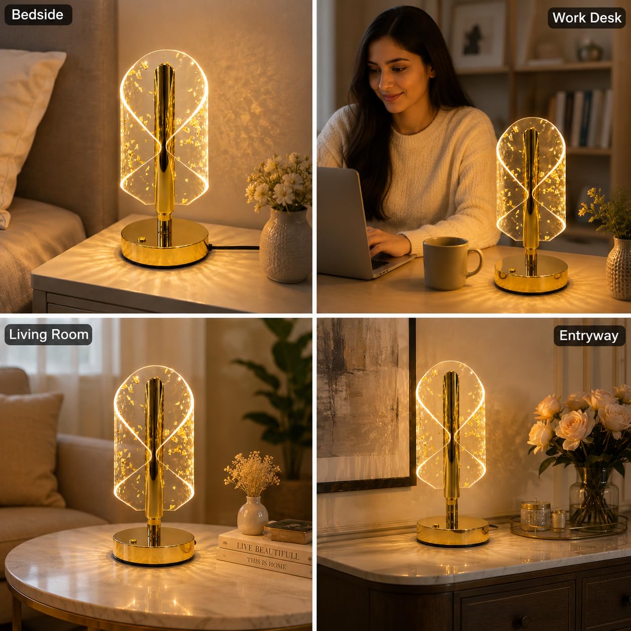 Gold Crystal LED Table Lamp with Transparent Acrylic Shade & Golden Flake Design