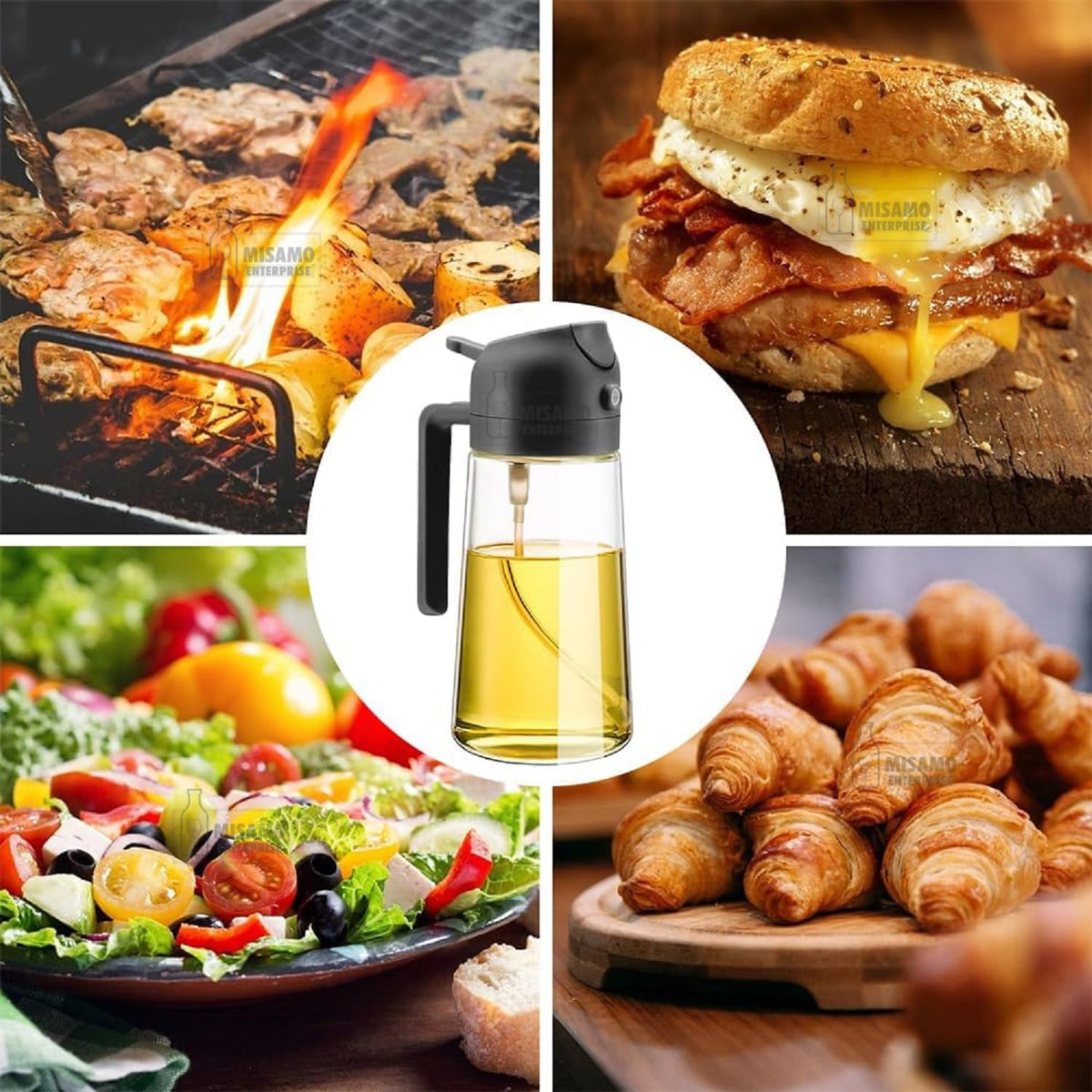 Misamo Enterprise 2-in-1 Oil Dispenser & Sprayer for Kitchen, 500ml, Black | 2-in-1 design delivers a fine mist spray or smooth pour for precise oil control while cooking, grilling, and baking.