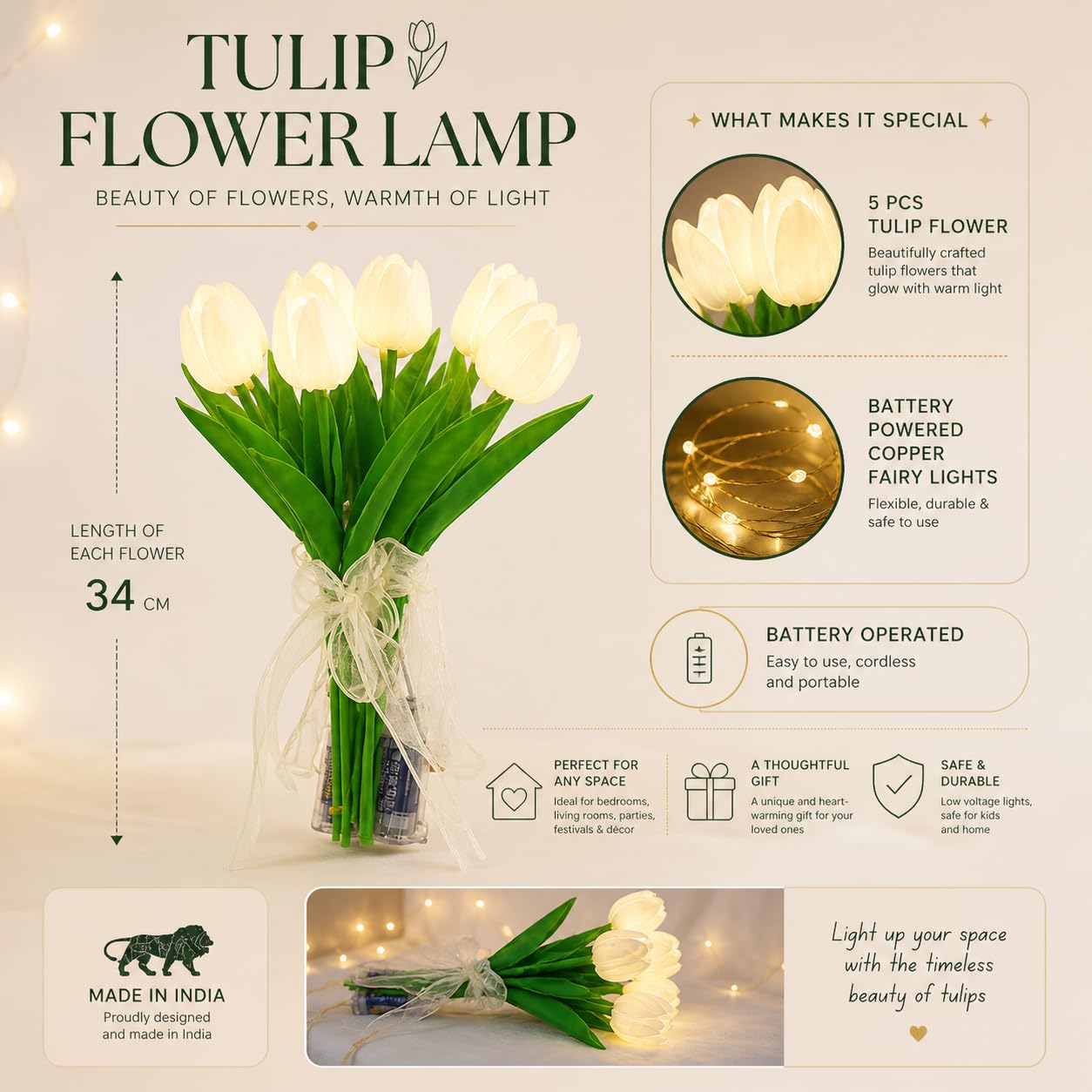 Artificial White Tulip Flower Lamp with LED Lights, 5 Tulip Bouquet Night Light for Bedroom Decor | Battery Operated Aesthetic