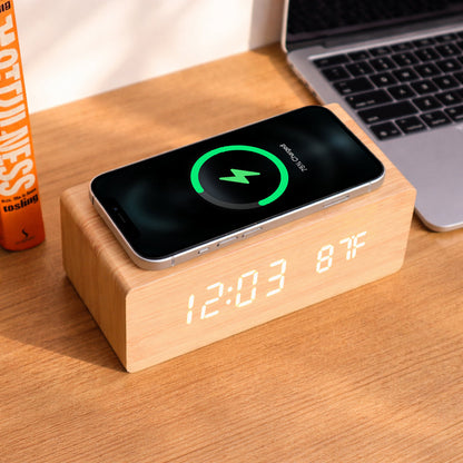 Wooden Digital Alarm Clock with Wireless Charging
