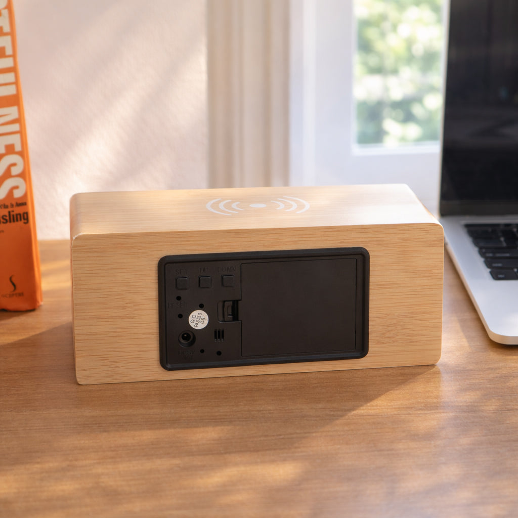 Wooden Digital Alarm Clock with Wireless Charging