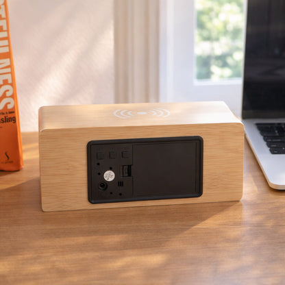 Wooden Digital Alarm Clock with Wireless Charging