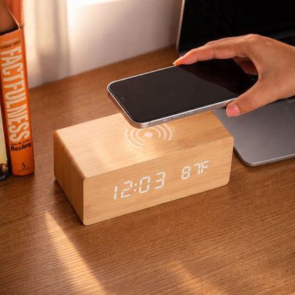 Wooden Digital Alarm Clock with Wireless Charging