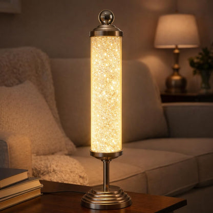 Clear Crystal Tube Shaped Table Lamp Filled with Diamond Crystals | Warm White LED Decorative Bedside & Living Room Lamp