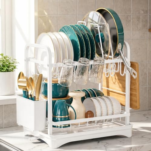 COMFYHOME Dish Drying Rack, 2-Tier Wrought Iron Space-Saving Kitchen Dish Drainer with Cup Holder, Drainboard & Utensil Holders, Rustproof Counter Organizer for Pots, Plates, Cups, Utensils, Bartan - White