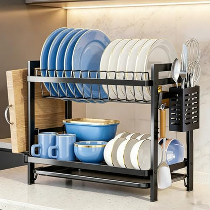 COMFYHOME Dish Drying Rack, 2-Tier Wrought Iron Space-Saving Kitchen Dish Drainer with Cup Holder, Drainboard & Utensil Holders, Rustproof Counter Organizer for Pots, Plates, Cups, Utensils, Bartan - Night Black