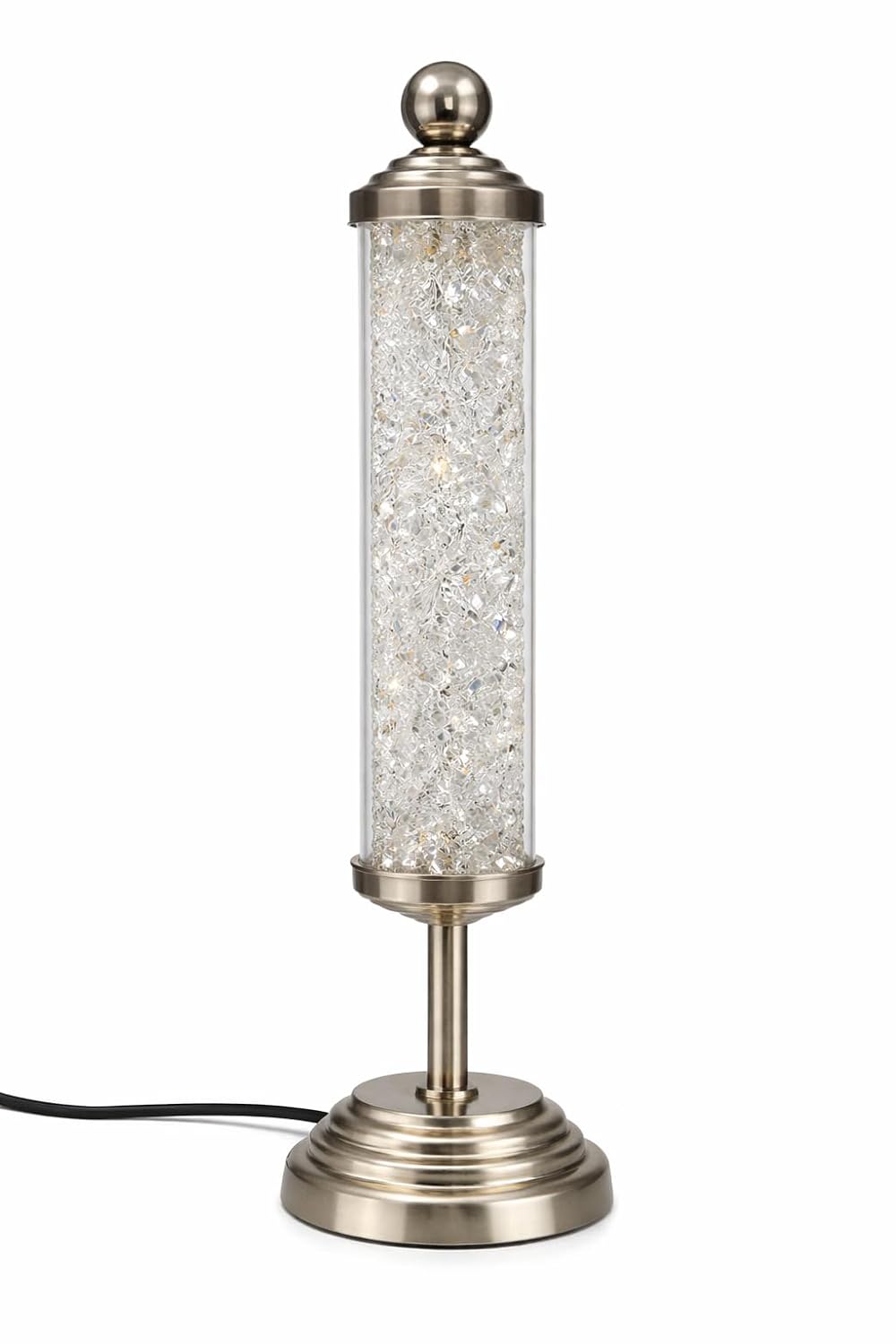 Clear Crystal Tube Shaped Table Lamp Filled with Diamond Crystals | Warm White LED Decorative Bedside & Living Room Lamp