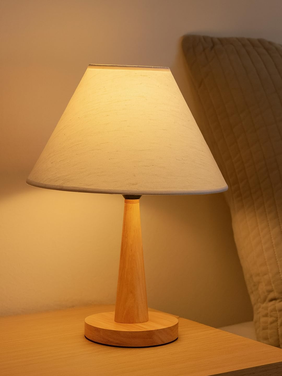 Modern Wooden Table Lamp with Fabric Shade | Warm Ambient Lighting for Bedroom, Living Room & Home Décor