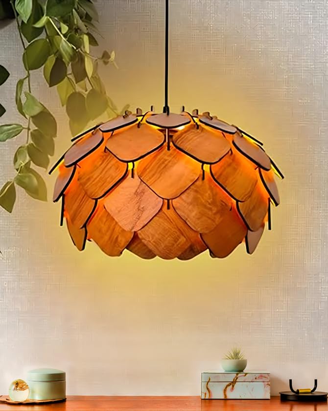 Wooden Pinecone Ceiling Light | lamp for Living Room | Rattan Hanging lamp for Drawing Room, Dining Room | Cane Pendant Light for Home Decoration | Wicker Pendant lamp