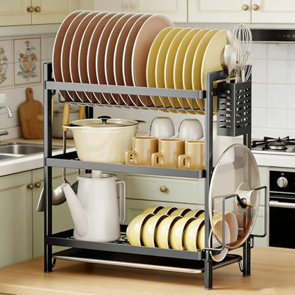 COMFYHOME Dish Drying Rack, 2-Tier Wrought Iron Space-Saving Kitchen Dish Drainer with Cup Holder, Drainboard & Utensil Holders, Rustproof Counter Organizer for Pots, Plates, Cups, Utensils, Bartan - Dark Ink Black
