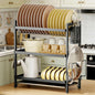 COMFYHOME Dish Drying Rack, 2-Tier Wrought Iron Space-Saving Kitchen Dish Drainer with Cup Holder, Drainboard & Utensil Holders, Rustproof Counter Organizer for Pots, Plates, Cups, Utensils, Bartan - Dark Ink Black
