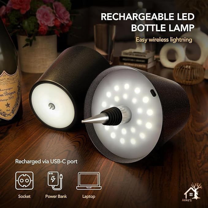 ANKRI Wireless Bottle Lamp LED 3 Colour Light Battery Desk Dimming Night Light Indoor Portable for Cafe Restaurant Home Living Room | 15 cm | Black | Long Lasting Battery