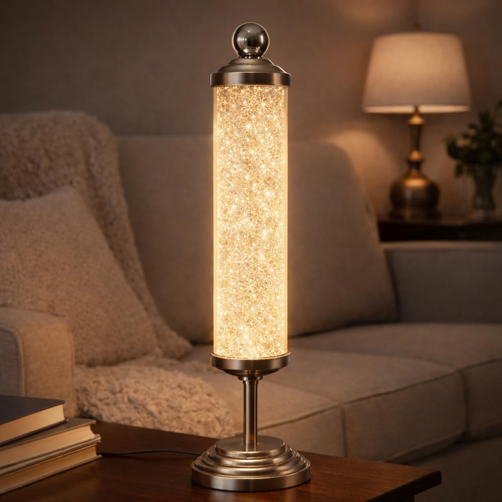 Clear Crystal Tube Shaped Table Lamp Filled with Diamond Crystals | Warm White LED Decorative Bedside & Living Room Lamp