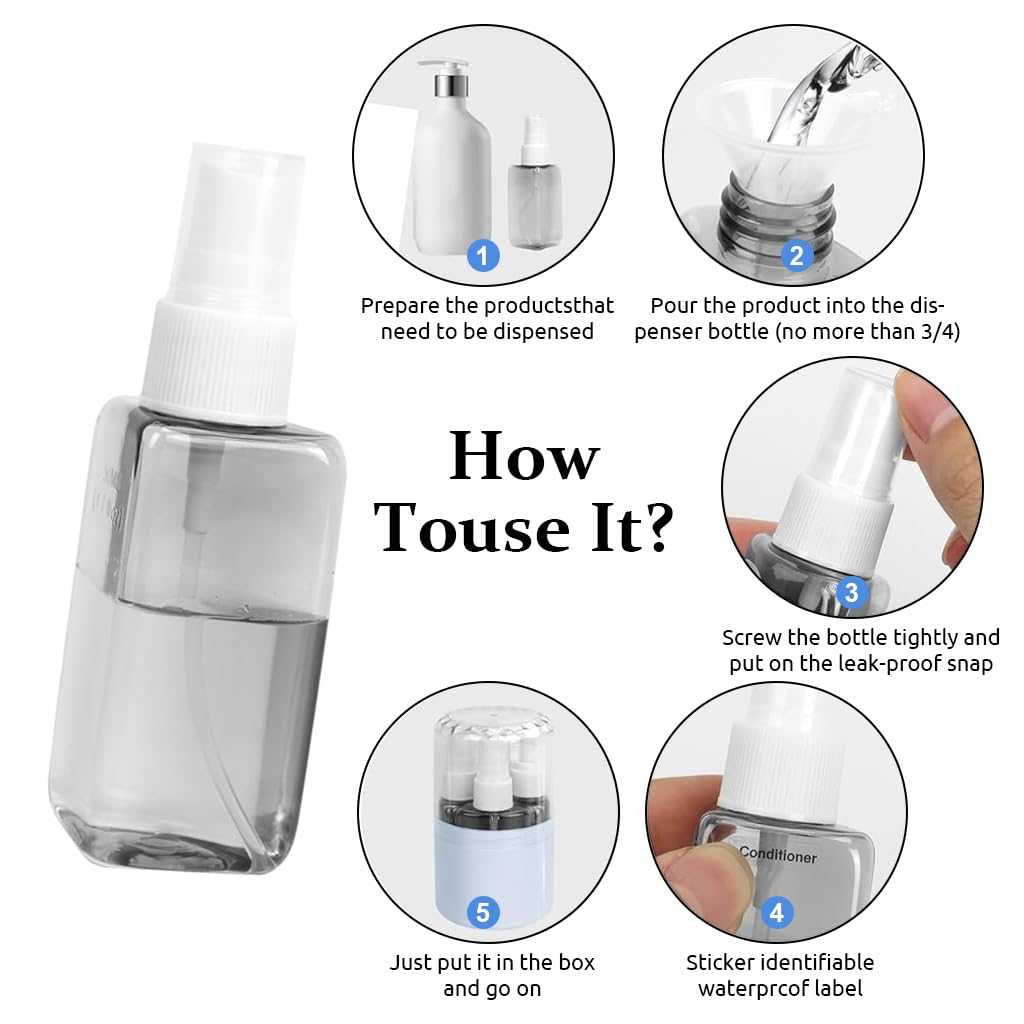 MAYCREATE 4 In 1 Travel Dispenser Bottle Kit, 50ml Leak-Proof | Easy Refilling, Secure Caps Help Reduce Spills, Durable Plastic, Compact Case, Travel Ready, Customer Care Support