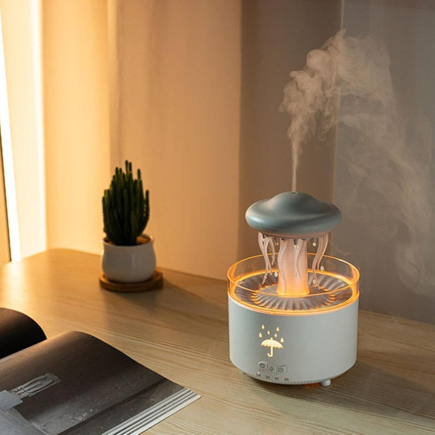 Plastic Jellyfish Shape Rotating Essential Oil Diffuser Humidifier For Home & Office | Multi-Colour LED (5.5 x 7.5 Inches, White)