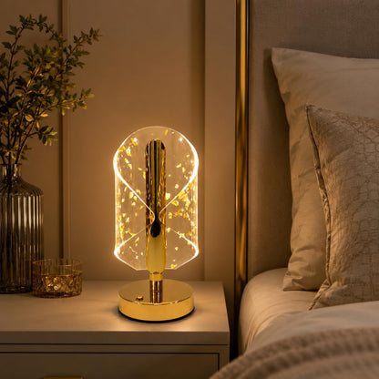 Gold Crystal LED Table Lamp with Transparent Acrylic Shade & Golden Flake Design