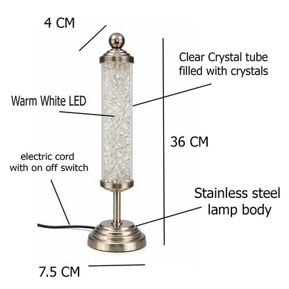 Clear Crystal Tube Shaped Table Lamp Filled with Diamond Crystals | Warm White LED Decorative Bedside & Living Room Lamp