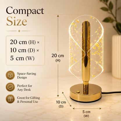 Gold Crystal LED Table Lamp with Transparent Acrylic Shade & Golden Flake Design