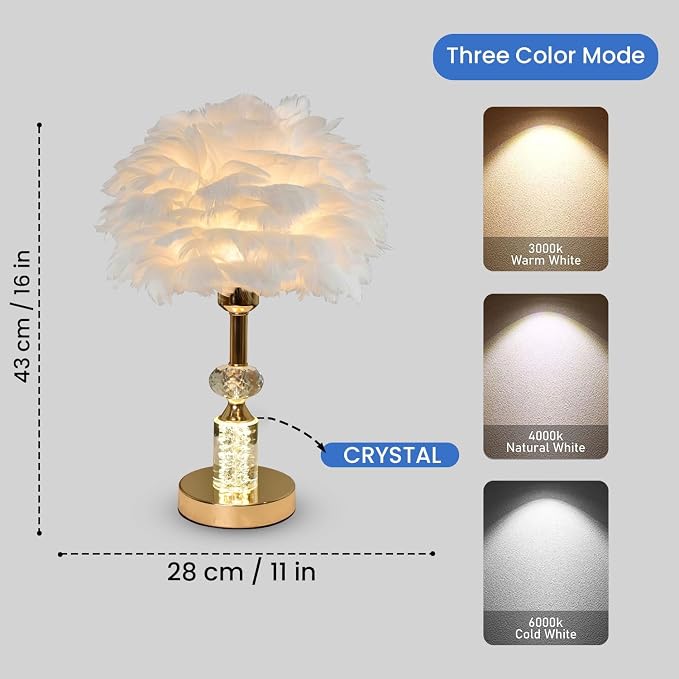 Silken Feather LED Table Lamp with Crystal in Golden Stem