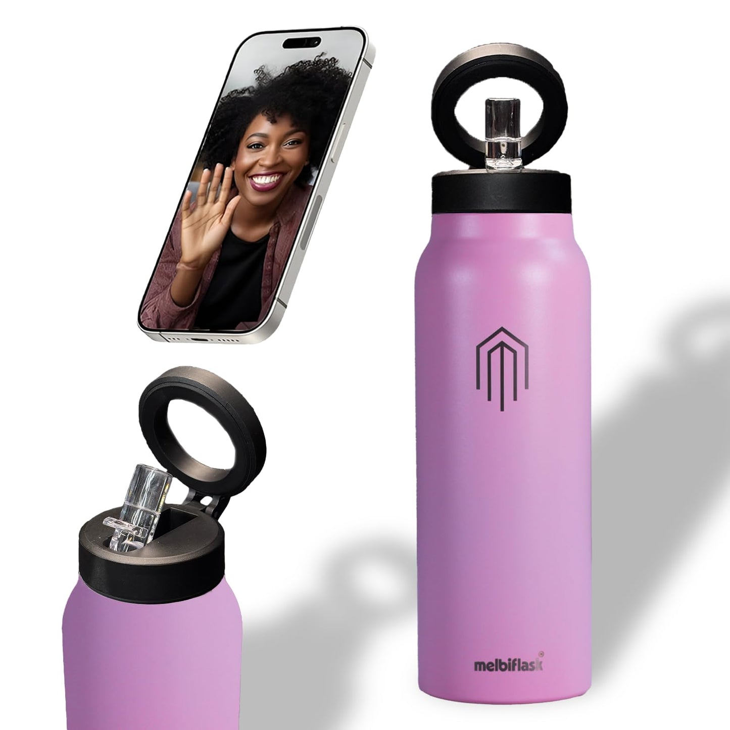 Melbify | Sipper Water Bottle with Magnetic Tripod | 750 ML| Melbipod Pink | Perfect for Creators On-the-Go Vlogging, Fitness, Travel | 3 Hour Hot & 6 Hour Cold | 7 Colors | BPA Free