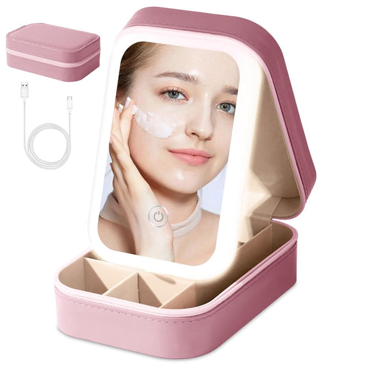 Small Travel LED Makeup Mirror Case with 3 Adjustable Color Light Settings, Dust-Proof Jewelry Box, Mini Cosmetic Train Case Ideal for Short Trips, Pink, Cosmetic Bag With Led Mirror