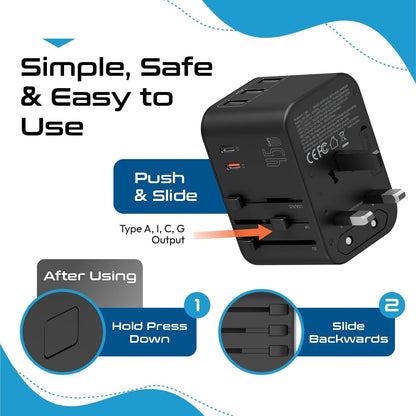 Ceptics Universal Travel Adapter, 45W International Power Adapter with PD & QC 3.0 Dual USB-C, 3 USB Travel Adapter Worldwide, Type I C G A Outlets 110V 220V A/C - EU Euro US UK (11-KU)