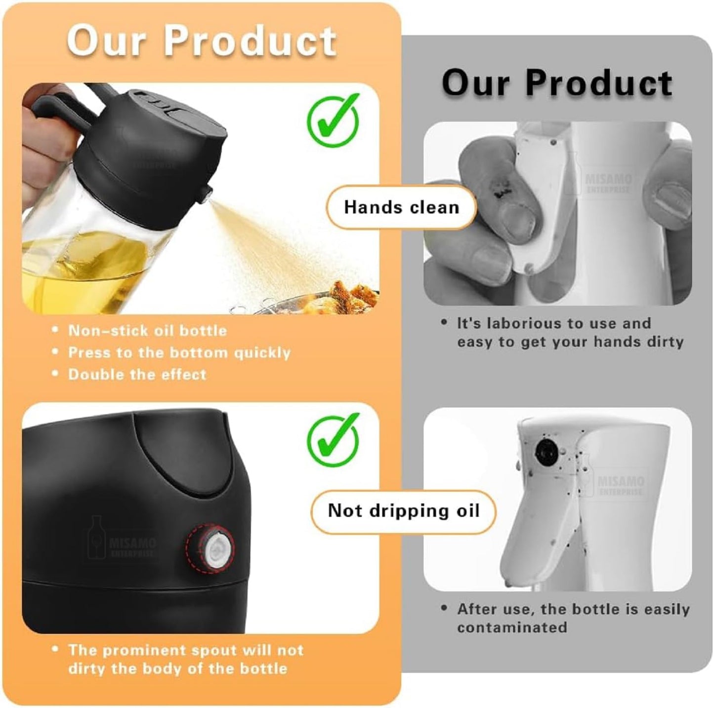 Misamo Enterprise 2-in-1 Oil Dispenser & Sprayer for Kitchen, 500ml, Black | 2-in-1 design delivers a fine mist spray or smooth pour for precise oil control while cooking, grilling, and baking.