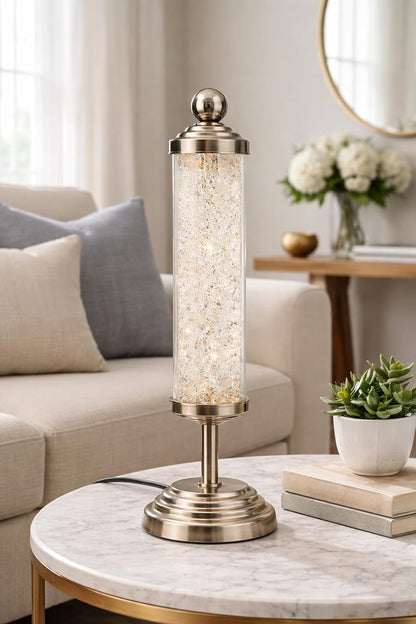 Clear Crystal Tube Shaped Table Lamp Filled with Diamond Crystals | Warm White LED Decorative Bedside & Living Room Lamp