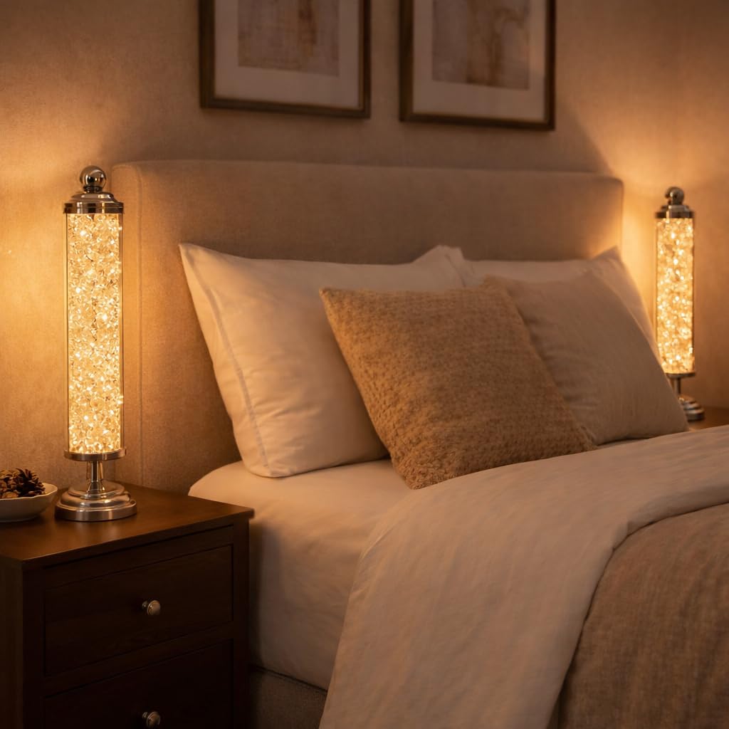 Clear Crystal Tube Shaped Table Lamp Filled with Diamond Crystals | Warm White LED Decorative Bedside & Living Room Lamp