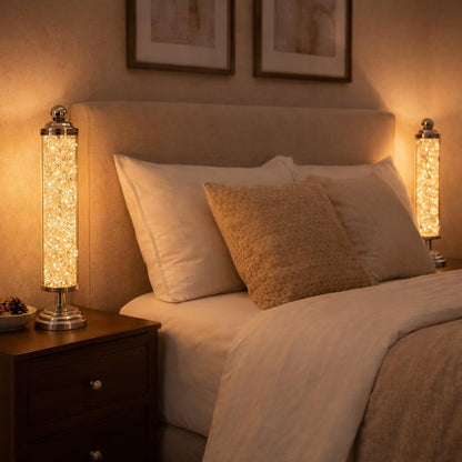Clear Crystal Tube Shaped Table Lamp Filled with Diamond Crystals | Warm White LED Decorative Bedside & Living Room Lamp