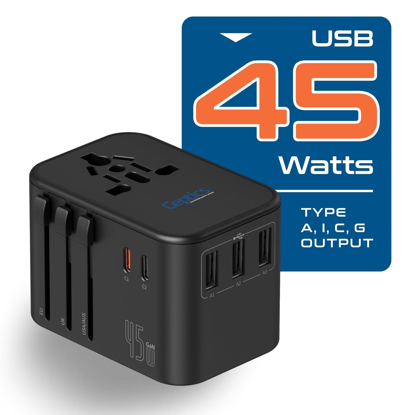 Ceptics Universal Travel Adapter, 45W International Power Adapter with PD & QC 3.0 Dual USB-C, 3 USB Travel Adapter Worldwide, Type I C G A Outlets 110V 220V A/C - EU Euro US UK (11-KU)