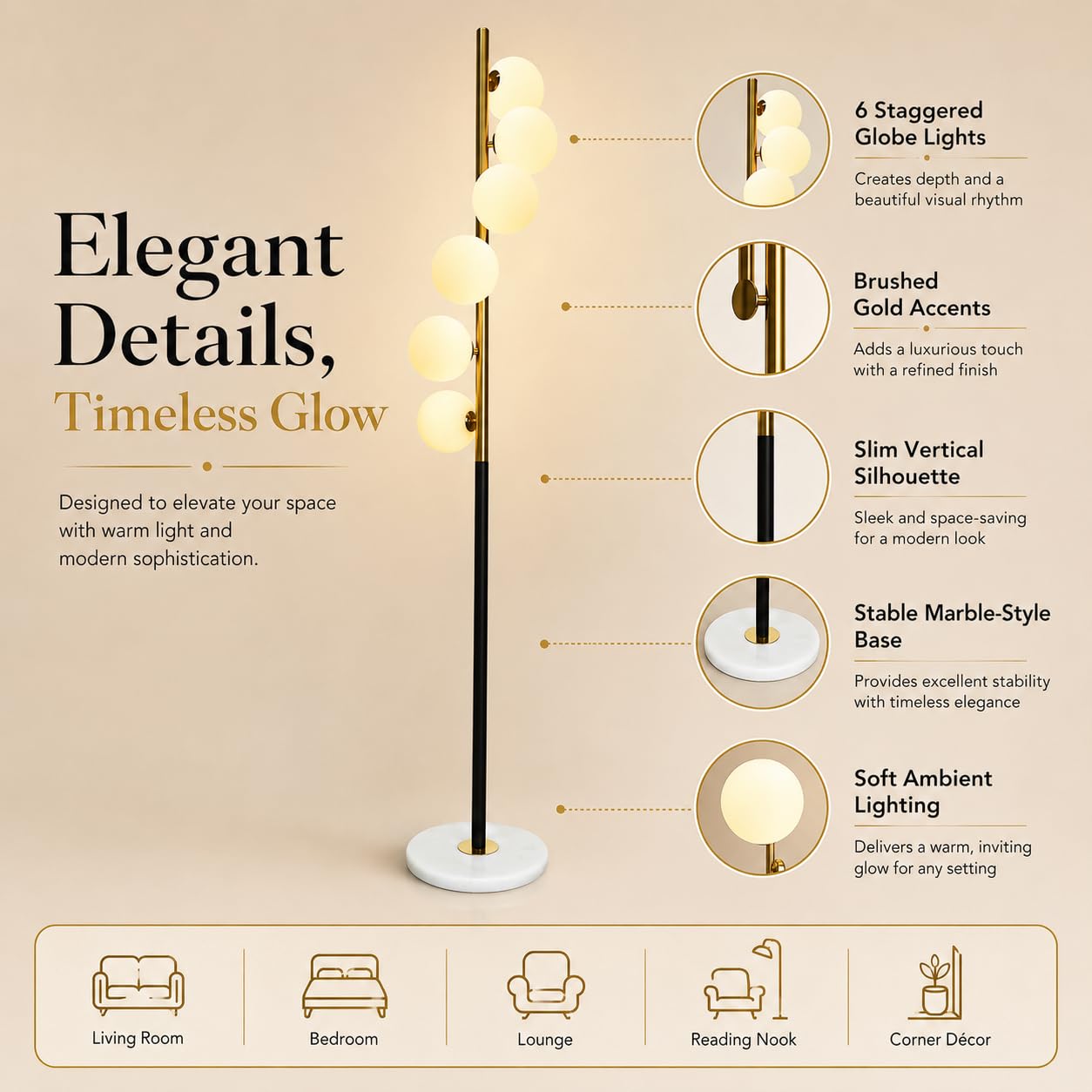 Prosper Modern Designer Floor Lamp with Marble Base 3 Light Mode for Living Room| Bedroom