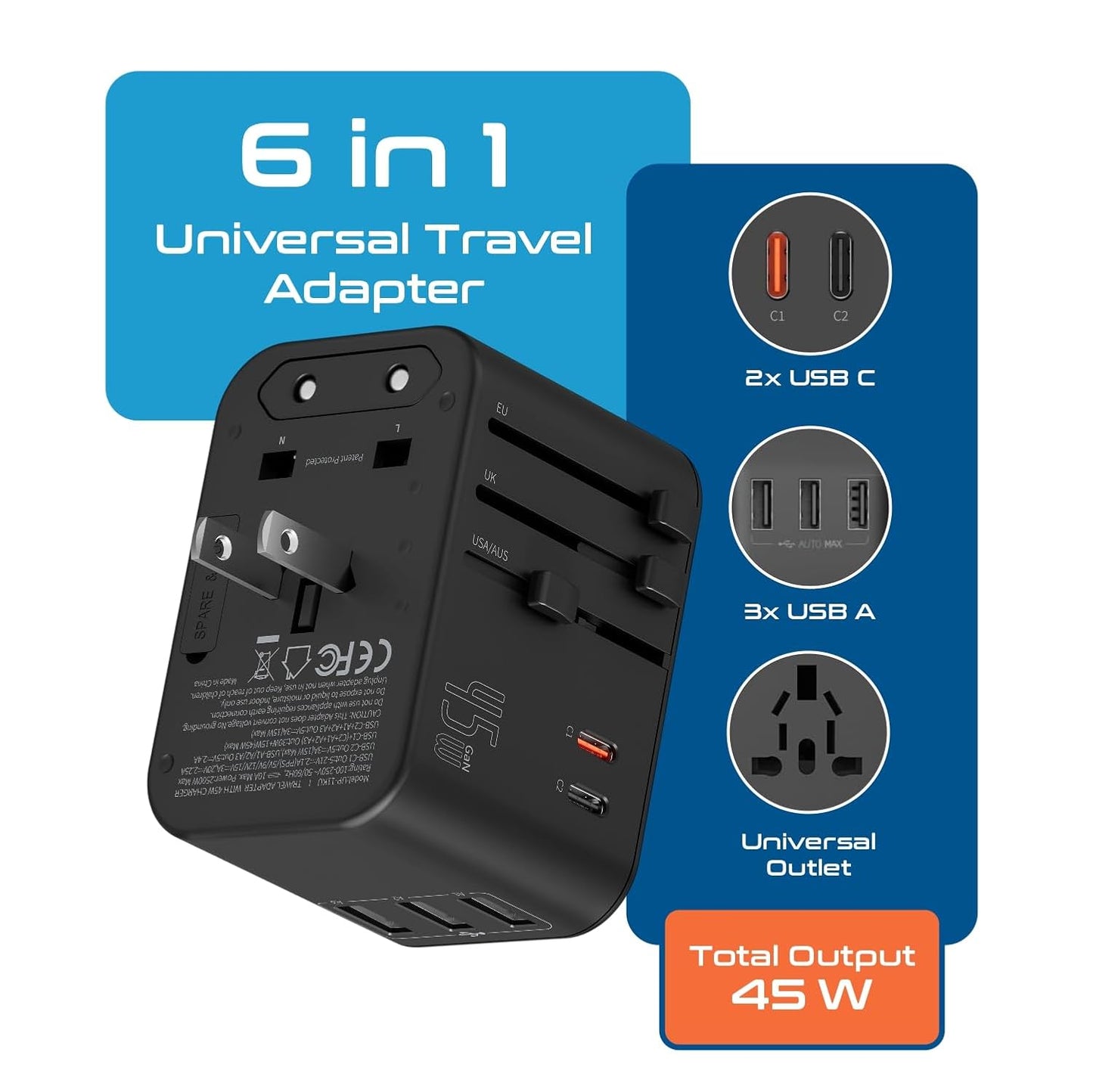 Ceptics Universal Travel Adapter, 45W International Power Adapter with PD & QC 3.0 Dual USB-C, 3 USB Travel Adapter Worldwide, Type I C G A Outlets 110V 220V A/C - EU Euro US UK (11-KU)
