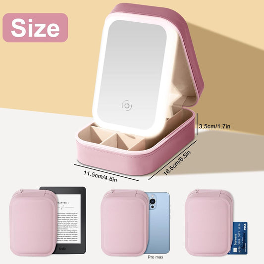 Small Travel LED Makeup Mirror Case with 3 Adjustable Color Light Settings, Dust-Proof Jewelry Box, Mini Cosmetic Train Case Ideal for Short Trips, Pink, Cosmetic Bag With Led Mirror