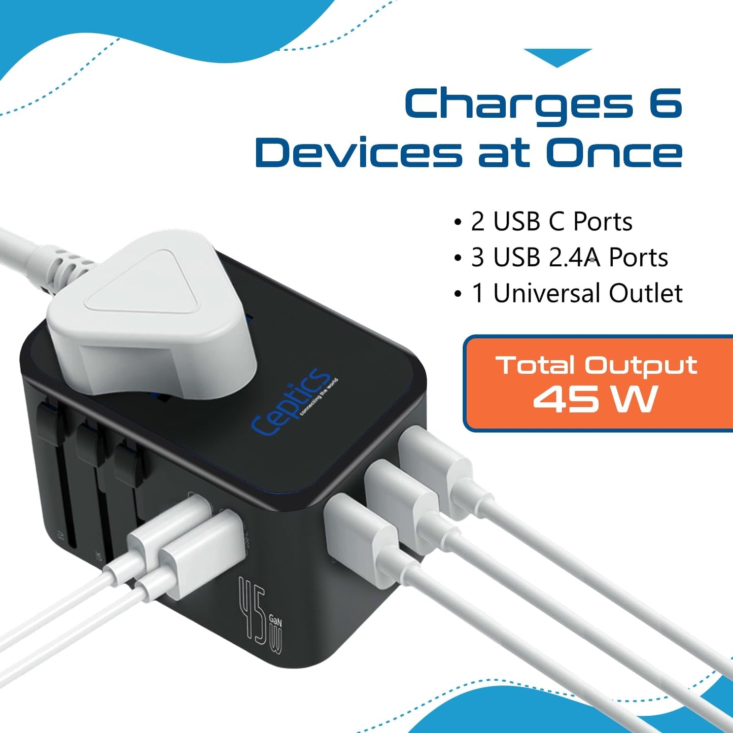 Ceptics Universal Travel Adapter, 45W International Power Adapter with PD & QC 3.0 Dual USB-C, 3 USB Travel Adapter Worldwide, Type I C G A Outlets 110V 220V A/C - EU Euro US UK (11-KU)