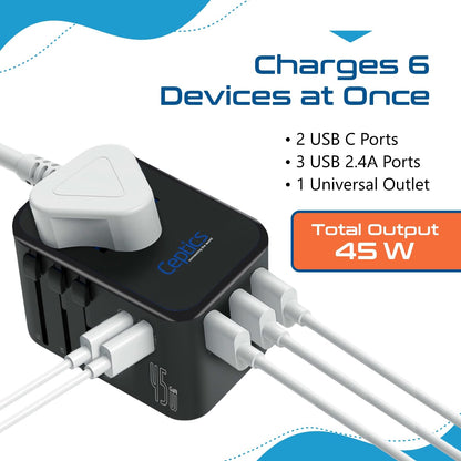 Ceptics Universal Travel Adapter, 45W International Power Adapter with PD & QC 3.0 Dual USB-C, 3 USB Travel Adapter Worldwide, Type I C G A Outlets 110V 220V A/C - EU Euro US UK (11-KU)