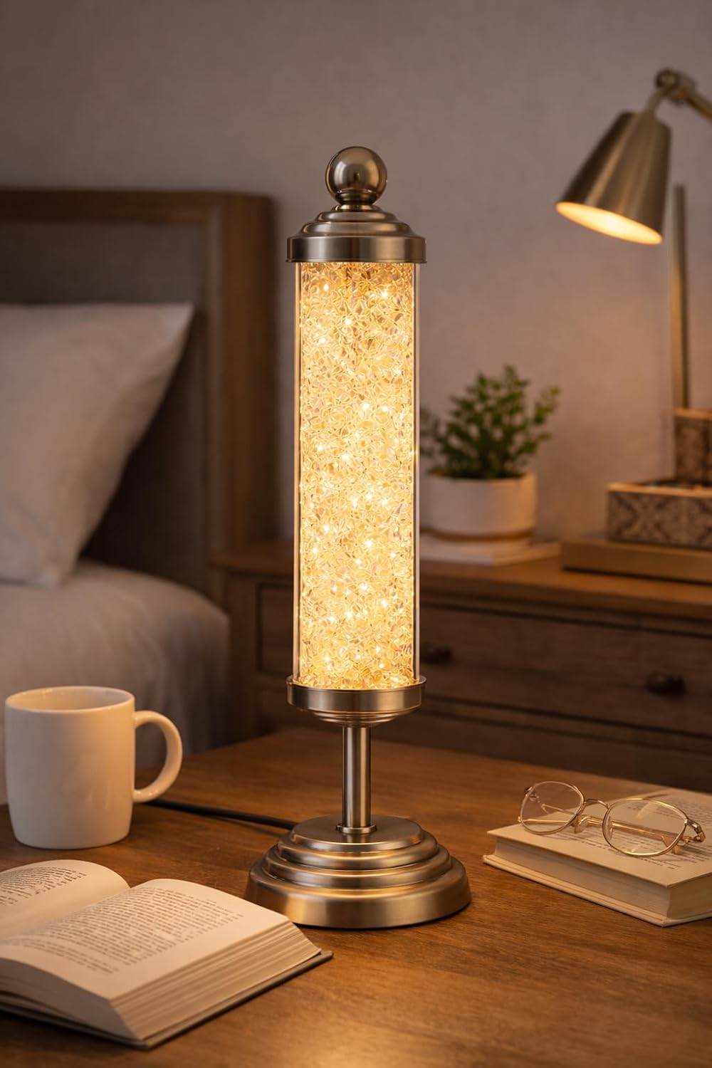 Clear Crystal Tube Shaped Table Lamp Filled with Diamond Crystals | Warm White LED Decorative Bedside & Living Room Lamp