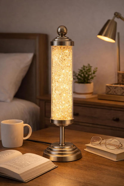 Clear Crystal Tube Shaped Table Lamp Filled with Diamond Crystals | Warm White LED Decorative Bedside & Living Room Lamp