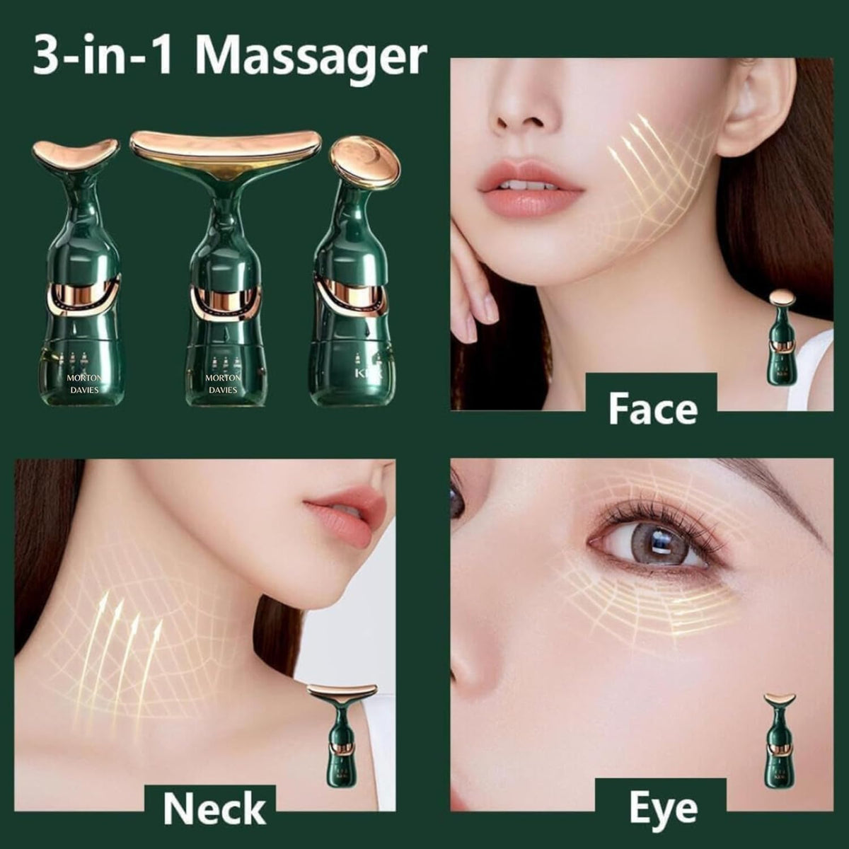 Facial Massager for Face and Neck, 3-in-1 Face Massager for Women, Anti Wrinkle & Aging Facial and Neck Massage Kit with 3 Massage Modes for Skin Care,Improve,Firm,Tightening and Smooth (GREEN)