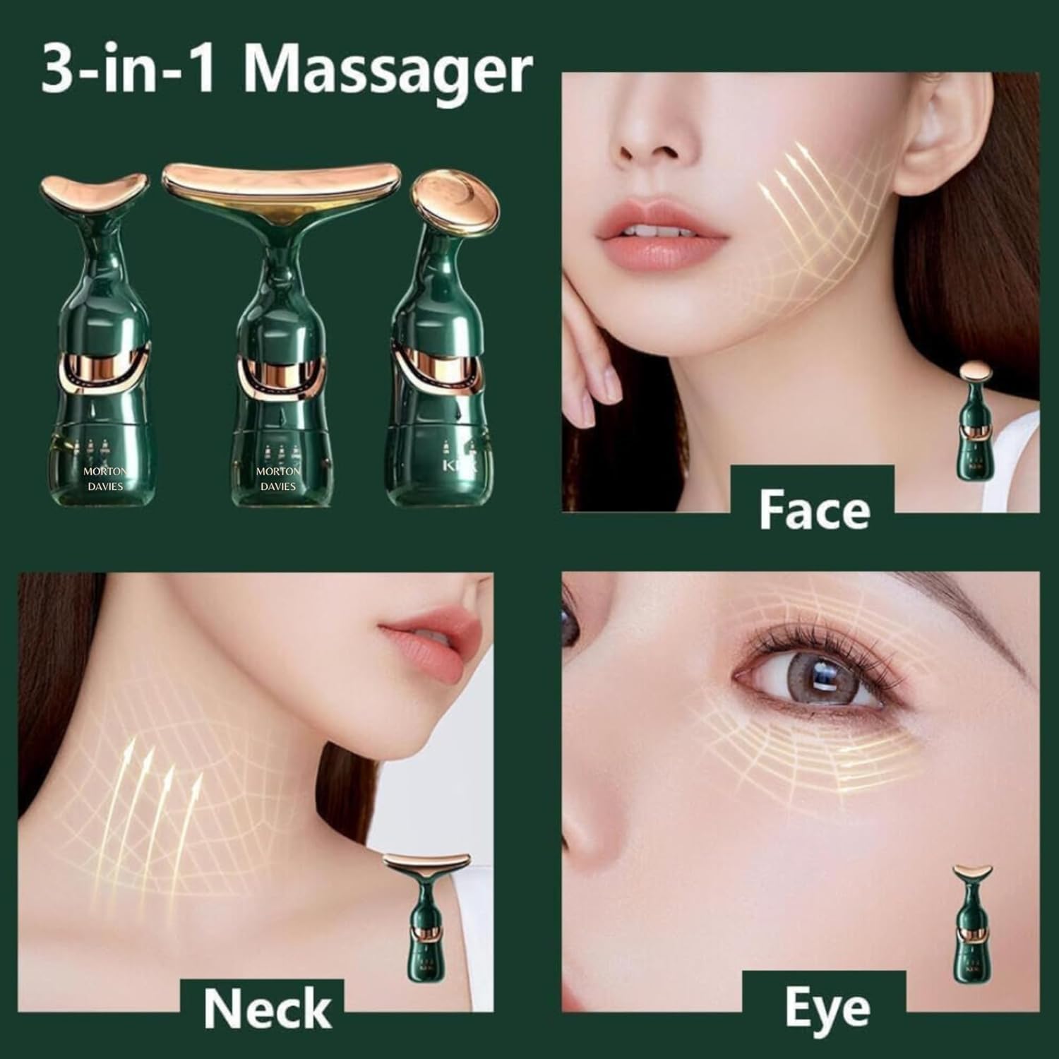 Facial Massager for Face and Neck, 3-in-1 Face Massager for Women, Anti Wrinkle & Aging Facial and Neck Massage Kit with 3 Massage Modes for Skin Care,Improve,Firm,Tightening and Smooth (GREEN)
