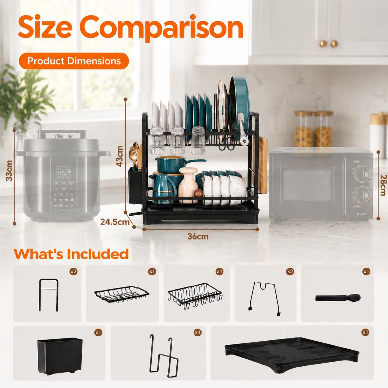 COMFYHOME Dish Drying Rack, 2-Tier Wrought Iron Space-Saving Kitchen Dish Drainer with Cup Holder, Drainboard & Utensil Holders, Rustproof Counter Organizer for Pots, Plates, Cups, Utensils, Bartan