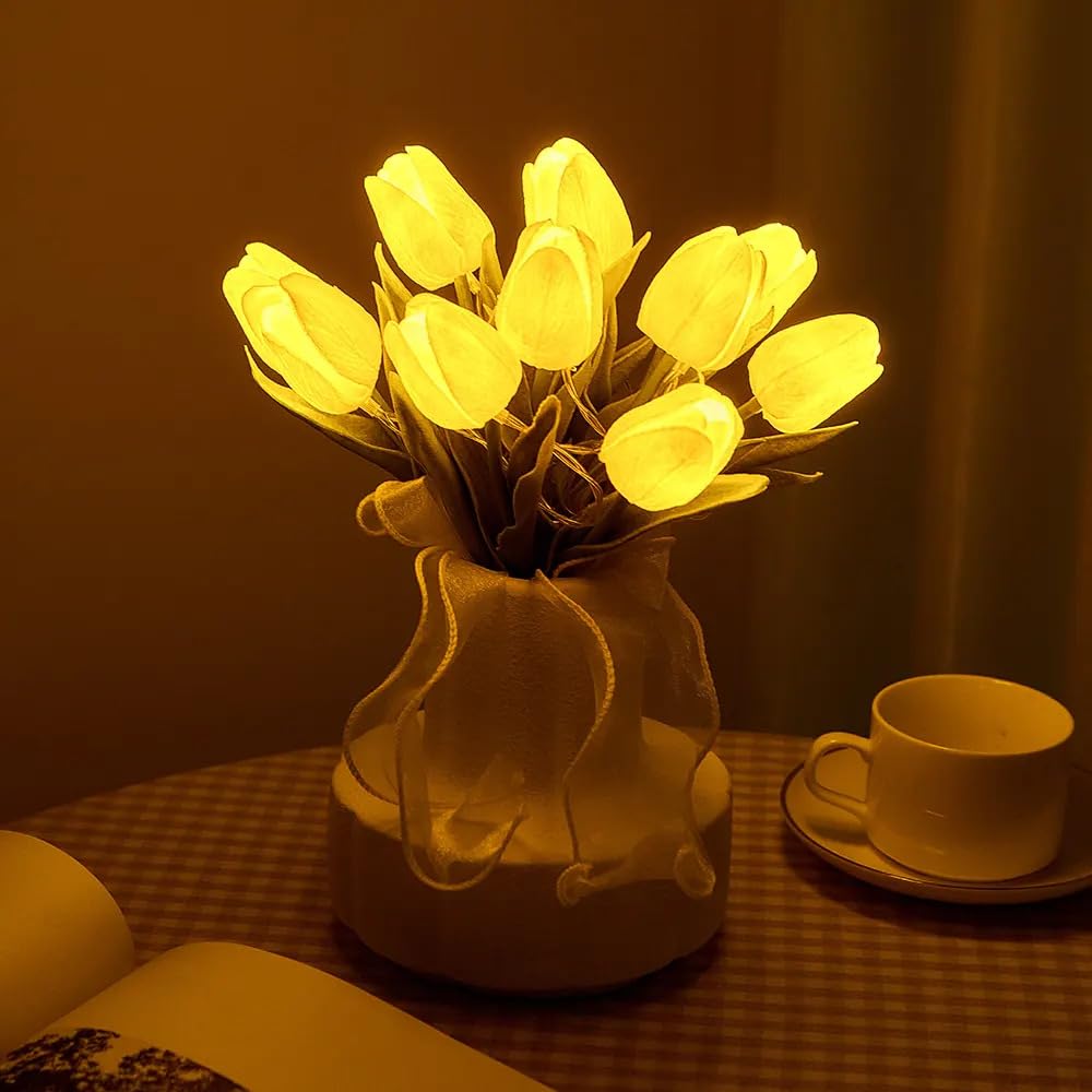Artificial White Tulip Flower Lamp with LED Lights, 5 Tulip Bouquet Night Light for Bedroom Decor | Battery Operated Aesthetic