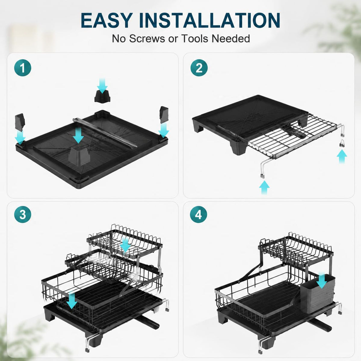 COMFYHOME Double-Layer Pull-Out Iron Dish Drain Rack: Saves Space, Includes Cup Holder, Drain Board, Cutlery Rack Suitable for Pots, Pans, Cups, Cutlery