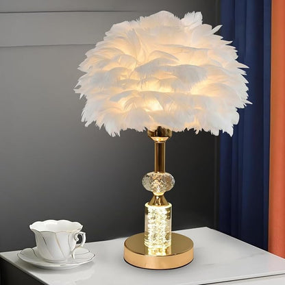 Silken Feather LED Table Lamp with Crystal in Golden Stem