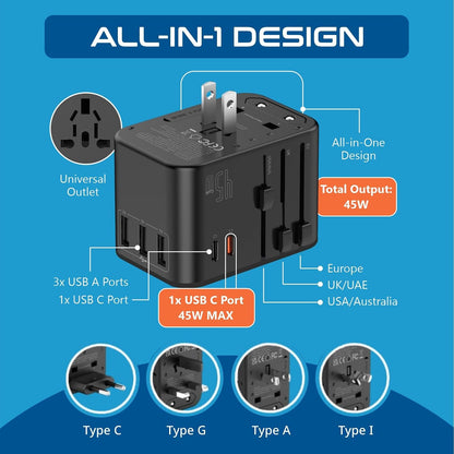 Ceptics Universal Travel Adapter, 45W International Power Adapter with PD & QC 3.0 Dual USB-C, 3 USB Travel Adapter Worldwide, Type I C G A Outlets 110V 220V A/C - EU Euro US UK (11-KU)