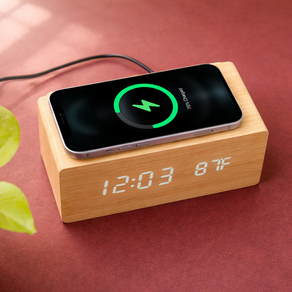 Wooden Digital Alarm Clock with Wireless Charging