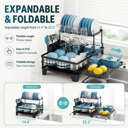 COMFYHOME Double-Layer Pull-Out Iron Dish Drain Rack: Saves Space, Includes Cup Holder, Drain Board, Cutlery Rack Suitable for Pots, Pans, Cups, Cutlery