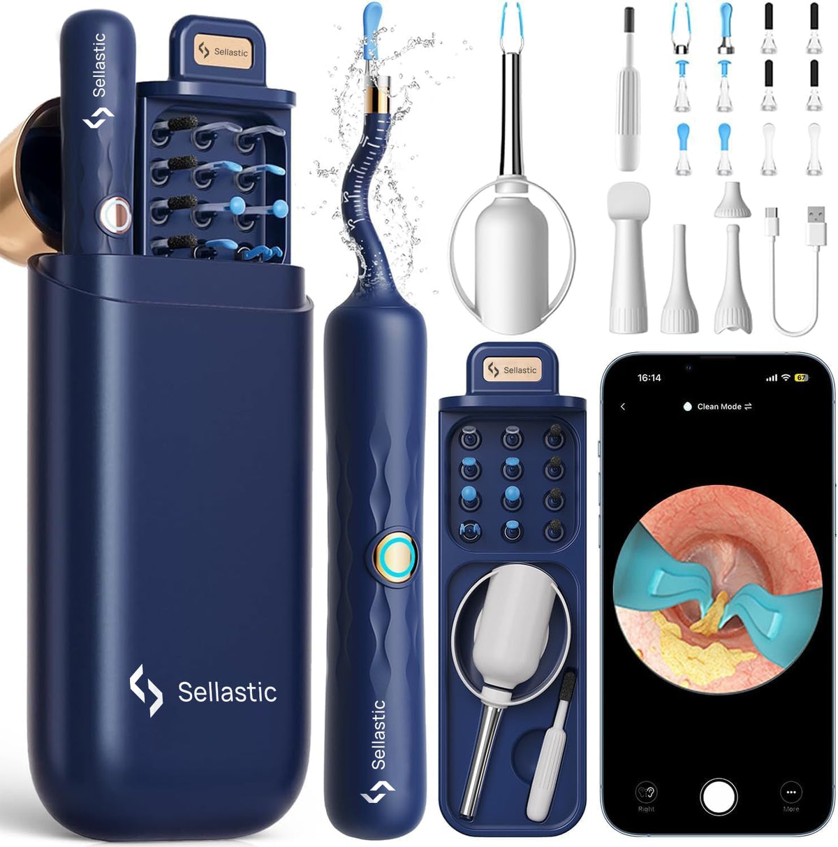 SELLASTIC Ear Cleaner Tool Kit, Ear Wax Removal with HD Camera & WiFi Connection, Flexible Otoscope Camera Light for iOS & Android, Safe Ear Cleaning for Adults & Baby - 1 Year Warranty