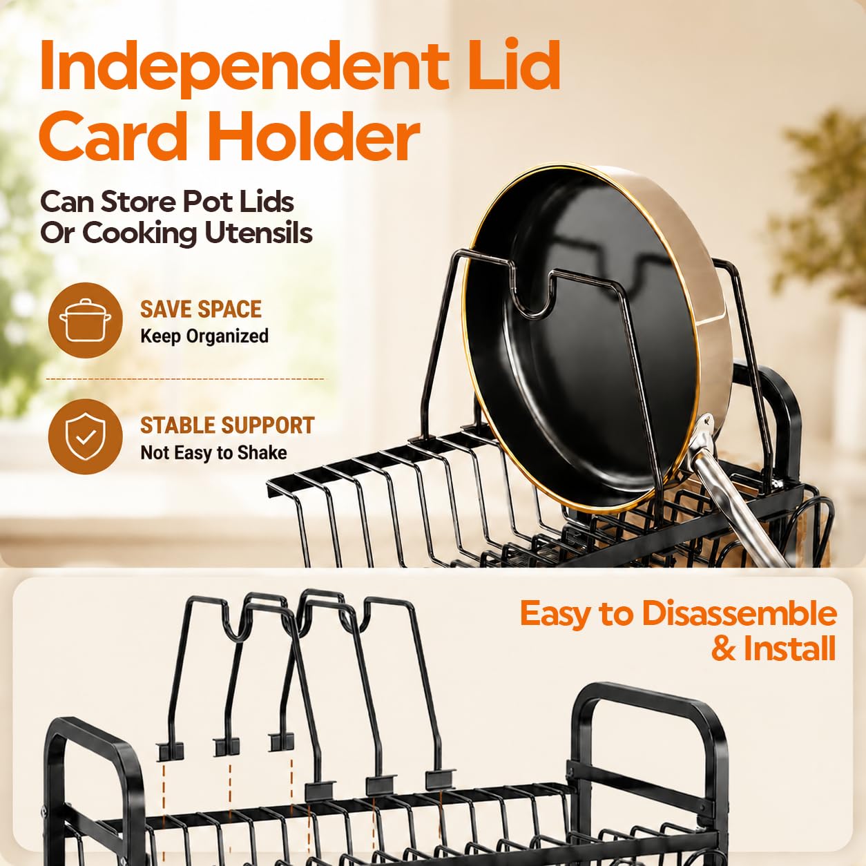 COMFYHOME Dish Drying Rack, 2-Tier Wrought Iron Space-Saving Kitchen Dish Drainer with Cup Holder, Drainboard & Utensil Holders, Rustproof Counter Organizer for Pots, Plates, Cups, Utensils, Bartan
